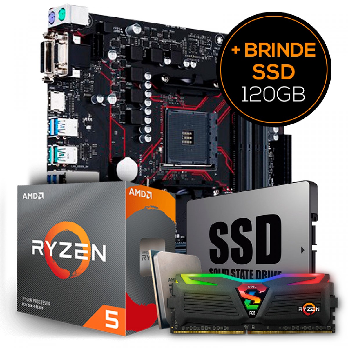 Kit Upgrade Placa Mãe Asus Prime B450M Gaming/BR AMD AM4 + Processador AMD Ryzen 5 3600XT 4.5GHz + Memória DDR4 8GB 3000MHz + Grátis SSD 120GB 