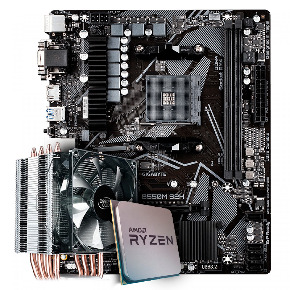 Kit Upgrade Placa Mãe Gigabyte B550M S2H AMD AM4 + Processador AMD Ryzen 7 3800x 3.9GHz + Cooler Deepcool Gammaxx