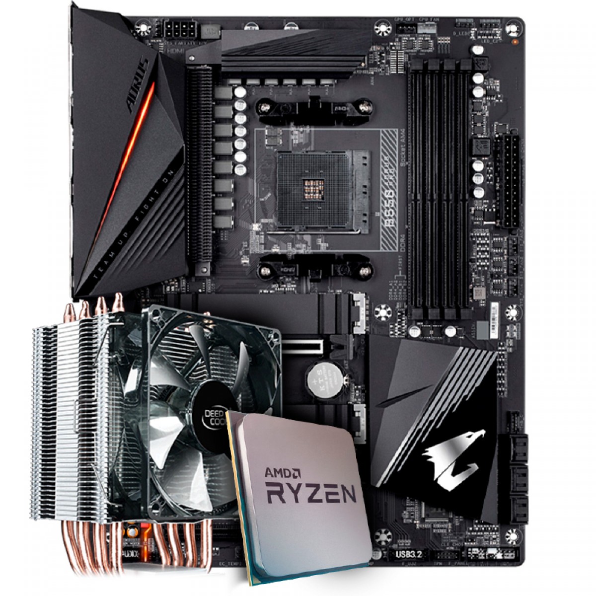 Kit Upgrade Placa Mãe Gigabyte B550 Aorus Pro, Chipset B550 AMD AM4 + Processador AMD Ryzen 9 3900x 3.8GHz + Cooler Deepcool Gammaxx