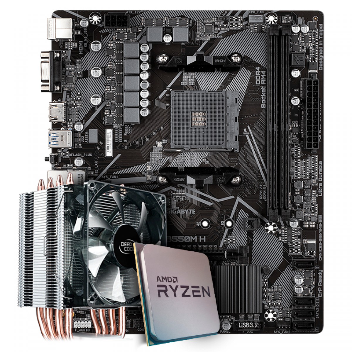 Kit Upgrade Placa Mãe Gigabyte B550M H, Chipset B550 AMD AM4 + Processador AMD Ryzen 9 3900x 3.8GHz + Cooler Deepcool Gammaxx 