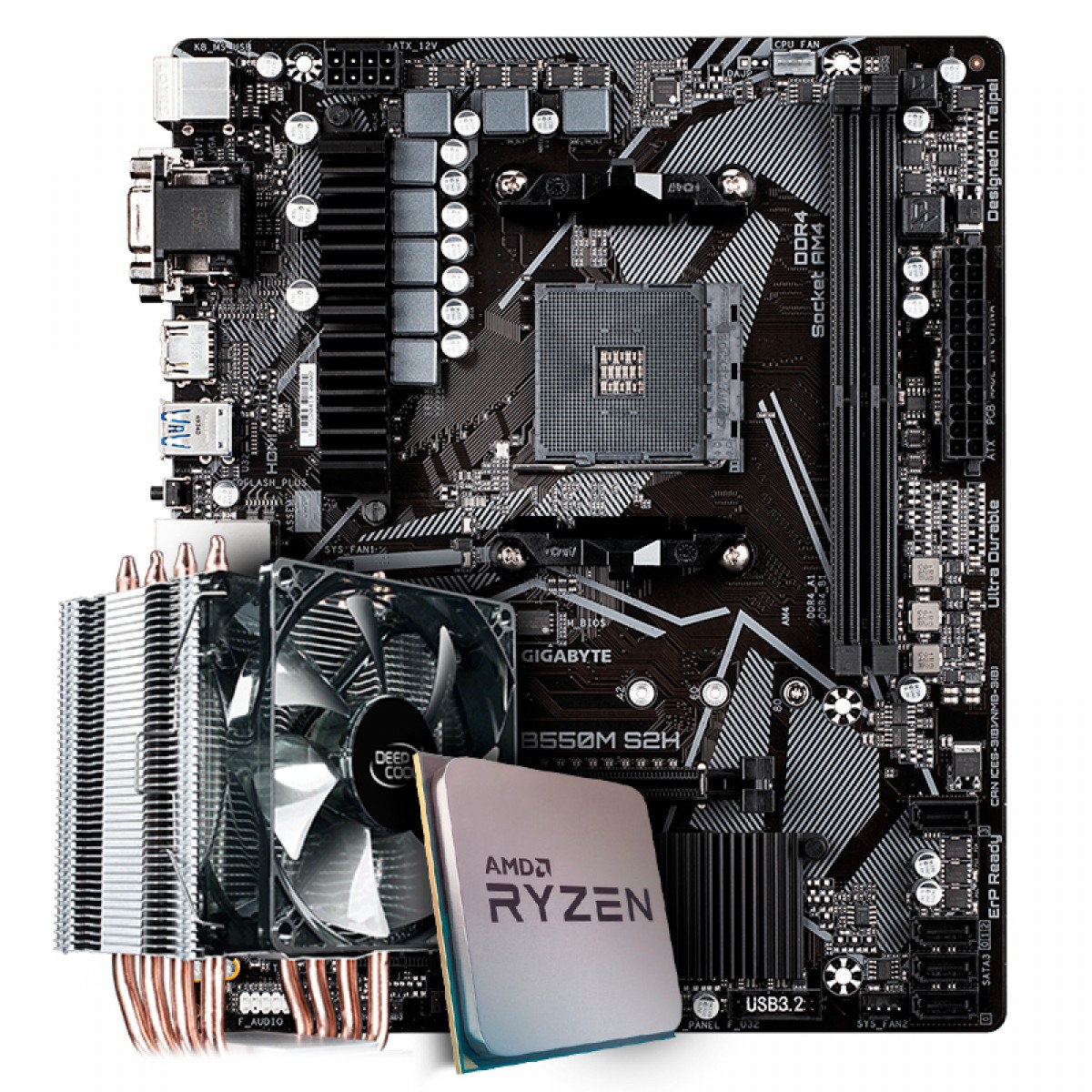 Kit Upgrade Placa Mãe Gigabyte B550M S2H, Chipset B550 AMD AM4 + Processador AMD Ryzen 9 3900x 3.8GHz + Cooler Deepcool Gammaxx