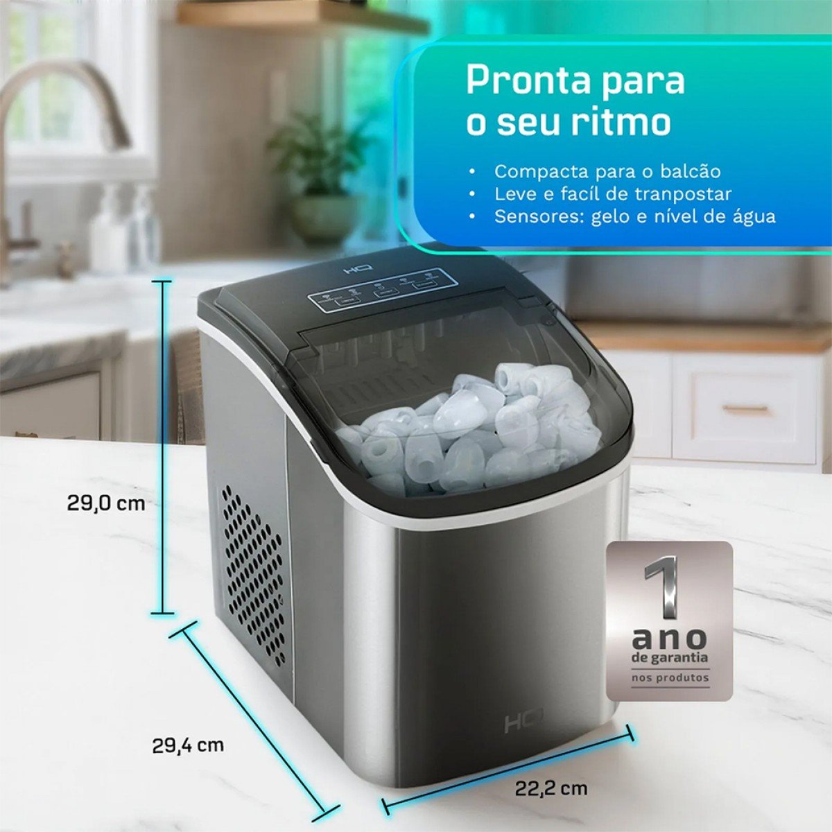 Máquina de Gelo HQ 12kg Turbo Ice Premium, 127V, Inox, HQ-MG12KGDP1-I