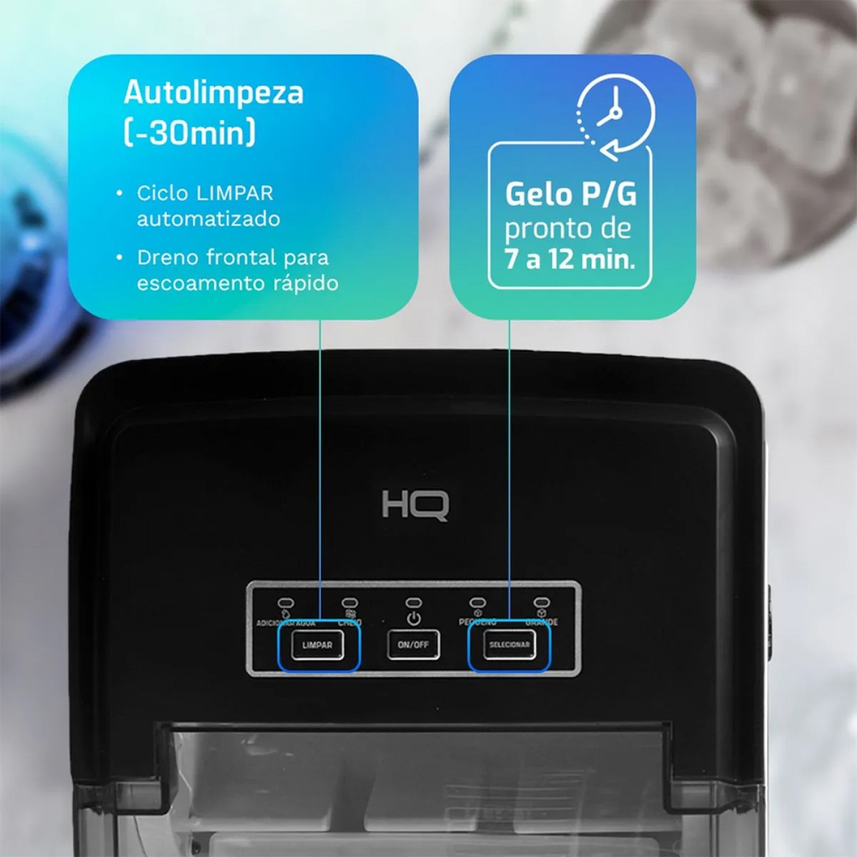 Máquina de Gelo HQ 12kg Turbo Ice Premium, 127V, Preta, HQ-MG12KGDP1