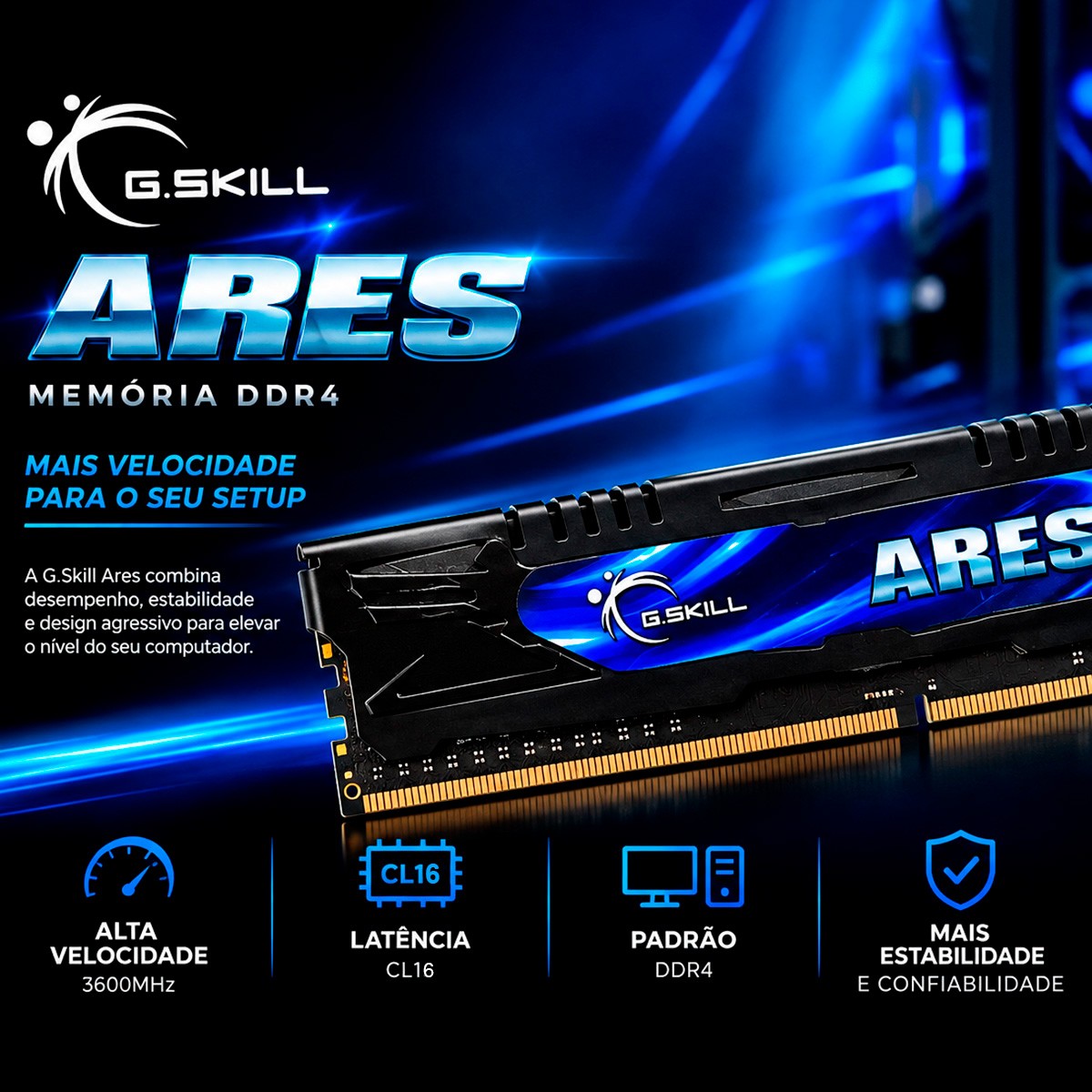 Memória DDR4 G.Skill Ares, 8GB, 3600MHz, Preta, F4-3600C16Q2-64GAKZ
