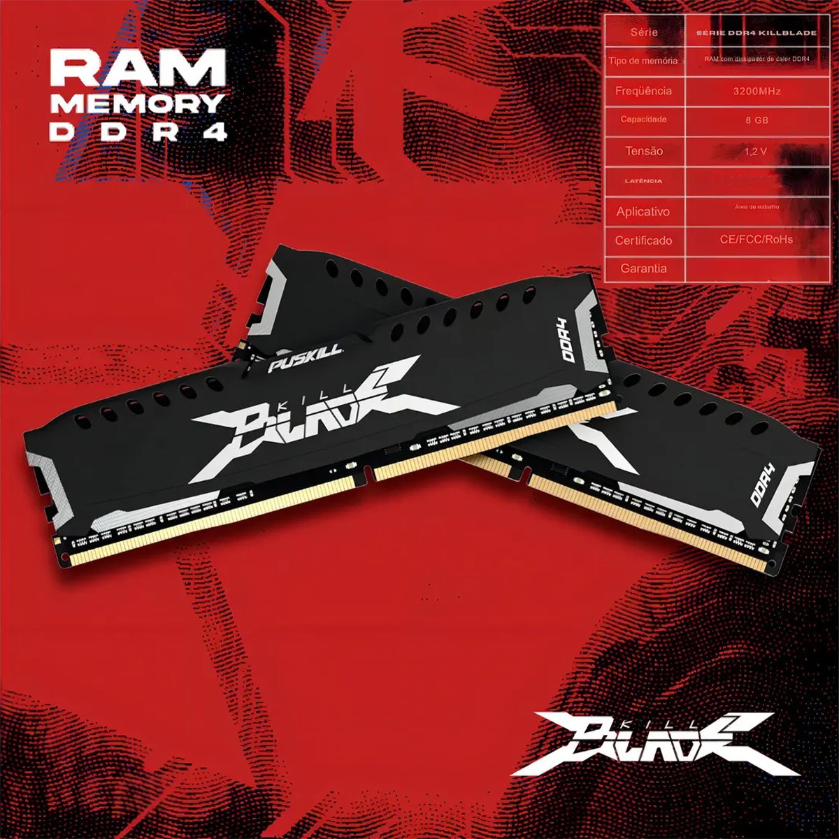 Memória DDR4 Puskill Killblade, 8GB, 3200MHz, Preta, PSK-D4D16M3200B-8G