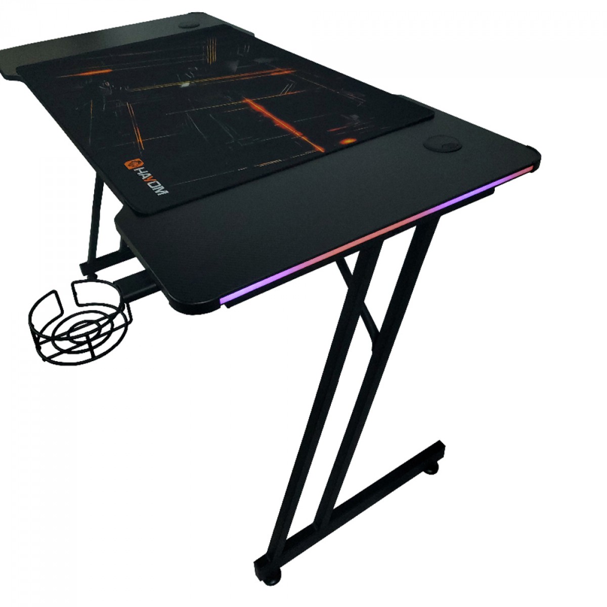 Mesa Gamer Hayom Slim RGB, Com Mousepad, Suporte Para Headset e Copo, Preto, MG1002
