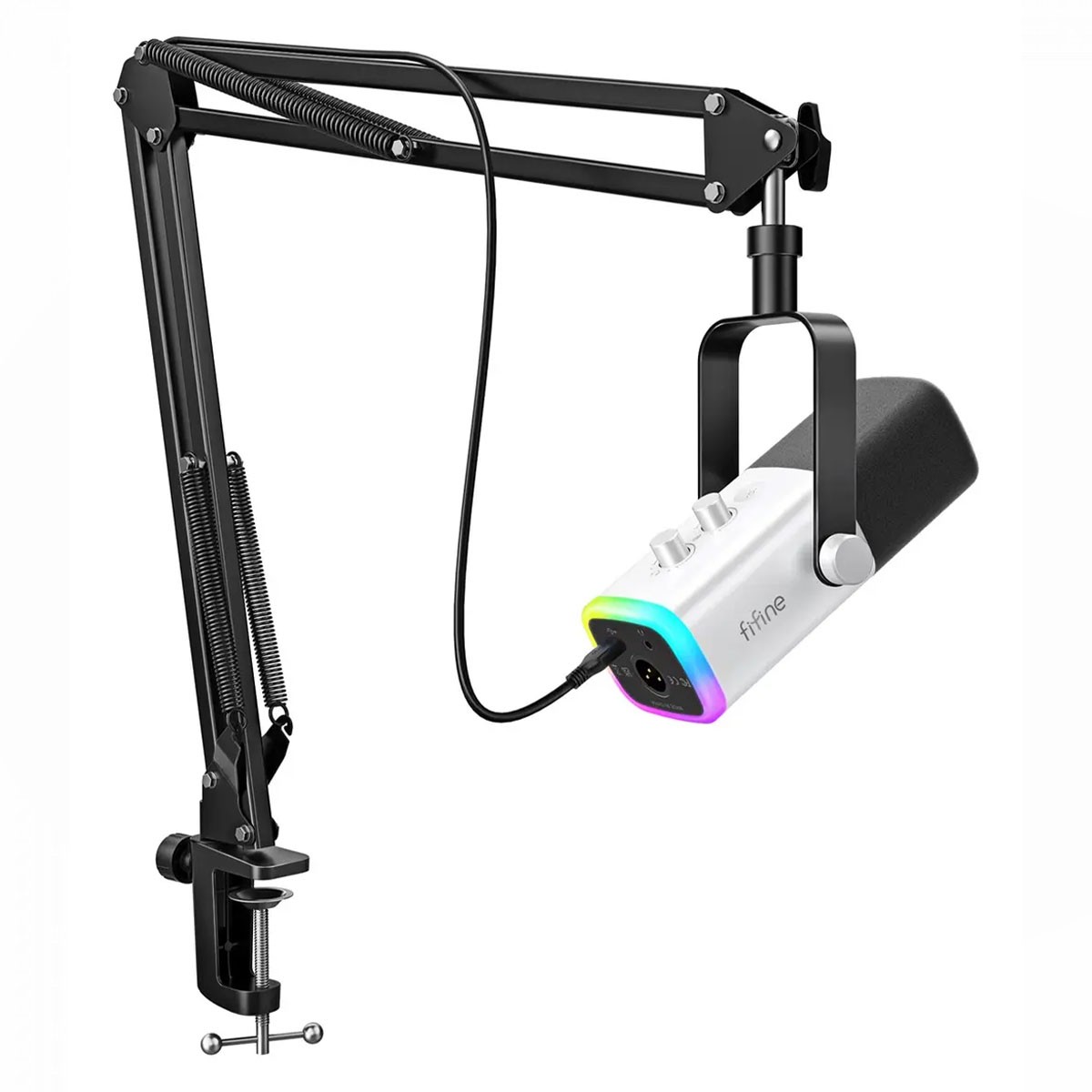 Microfone Gamer Fifine AM8TW, RGB, USB/XLR, Branco, Com Braço Articulado