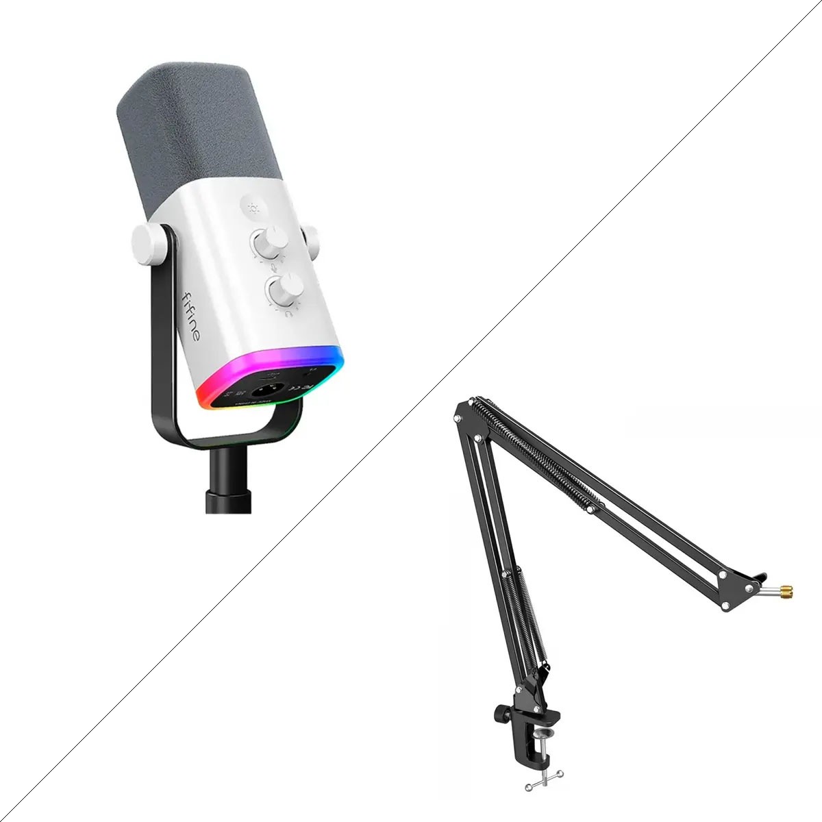 Microfone Gamer Fifine AM8TW, RGB, USB/XLR, Branco, Com Braço Articulado