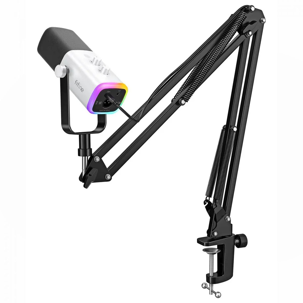Microfone Gamer Fifine AM8TW, RGB, USB/XLR, Branco, Com Braço Articulado
