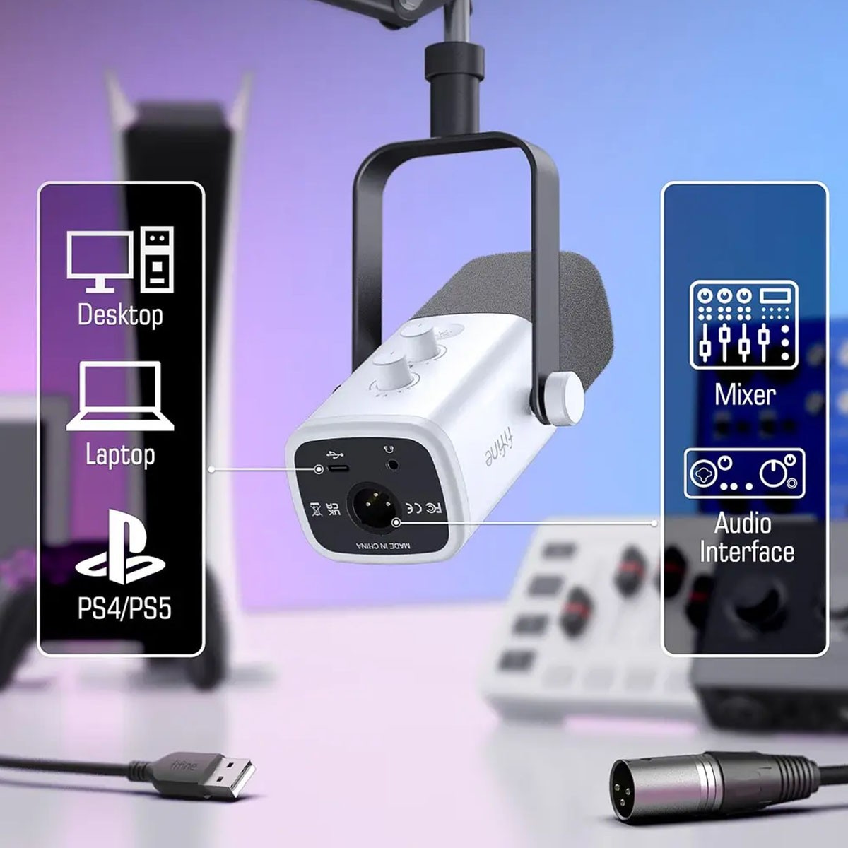 Microfone Gamer Fifine AM8TW, RGB, USB/XLR, Branco, Com Braço Articulado