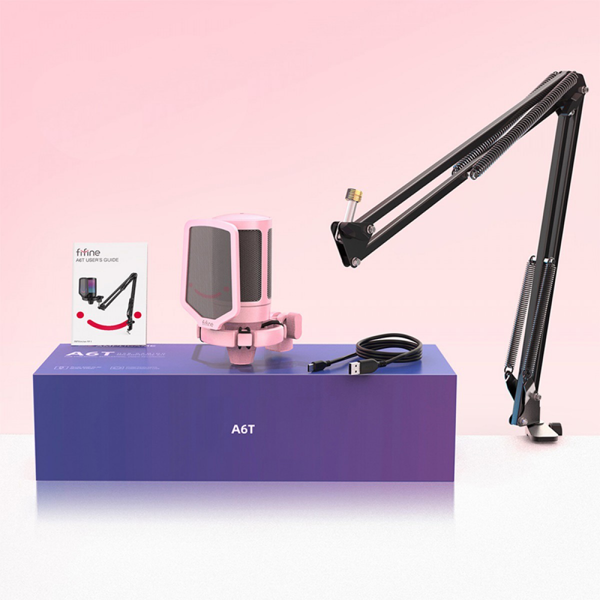 Microfone Gamer Fifine Ampligame A6T, RGB, USB, Pink, Com Braço Articulado
