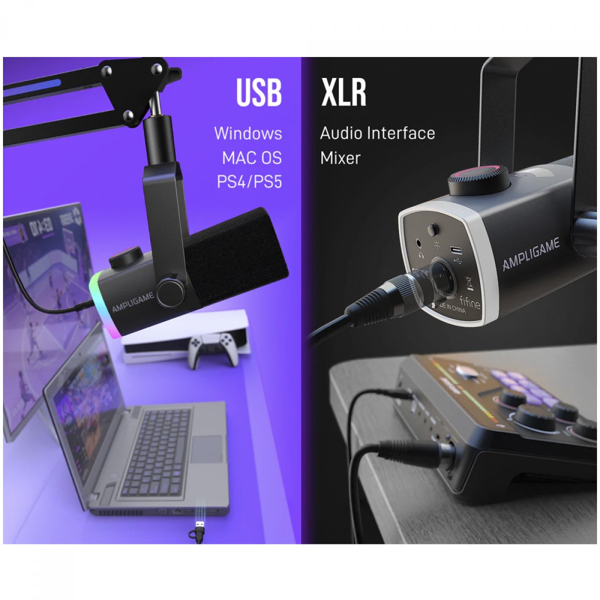 Microfone Gamer Fifine AmpliGame AM8PROT, RGB, USB/XLR, Preto, Com Braço Articulado