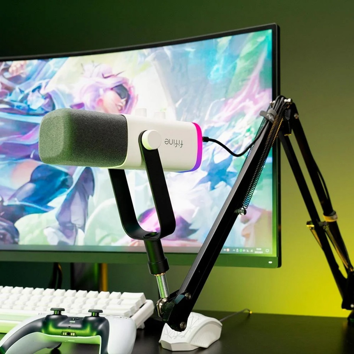 Microfone Gamer Fifine AmpliGame AM8W, USB/XLR, RGB, Branco
