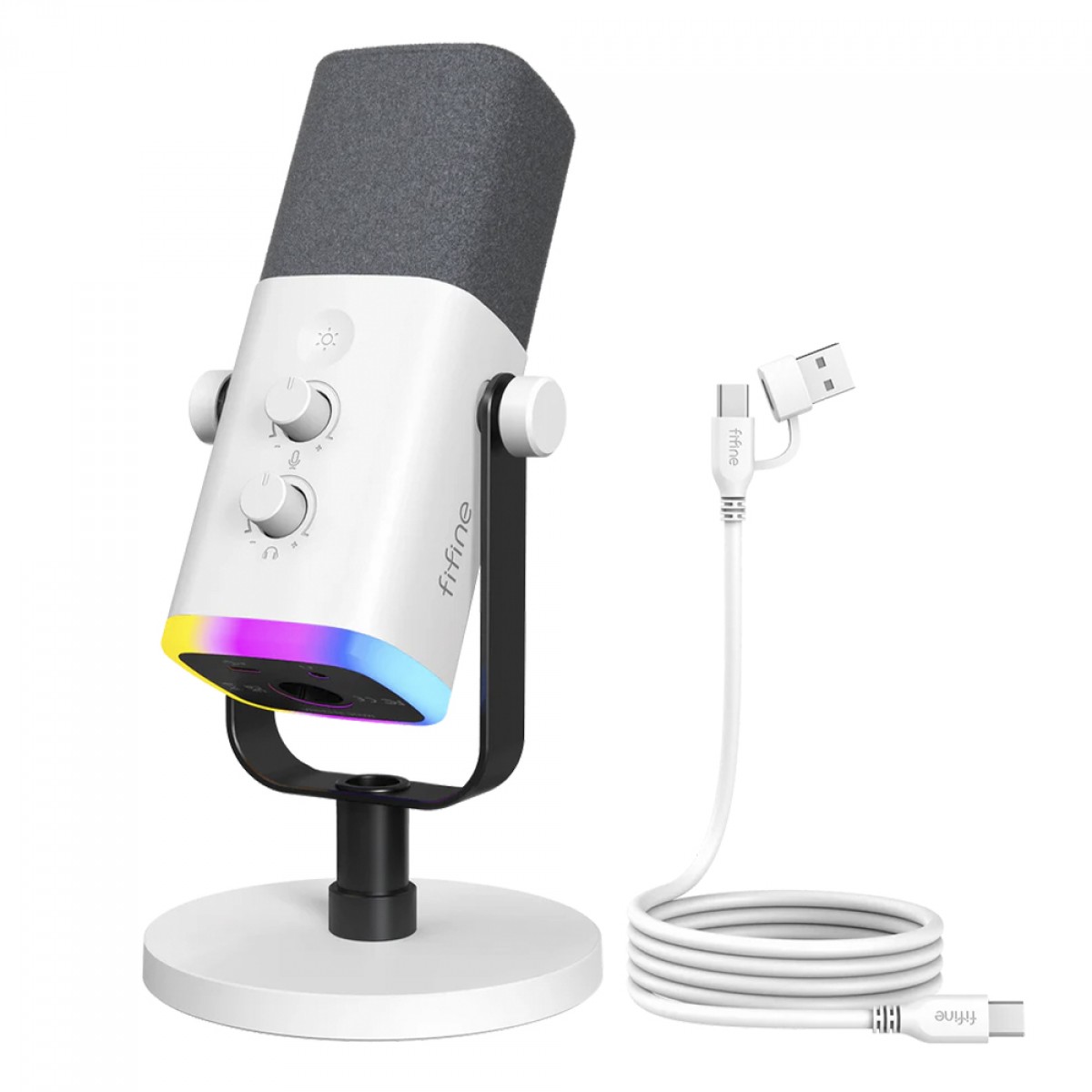 Microfone Gamer Fifine AmpliGame AM8W, USB/XLR, RGB, Branco