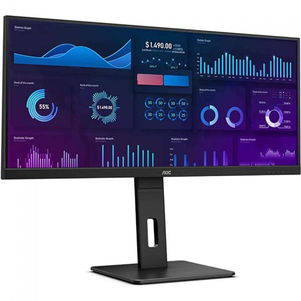 Monitor AOC, 34 Pol, UltraWide, Full HD, IPS, HDR, Base Ajustável, HDMI/DP, Q34P2 IPS 