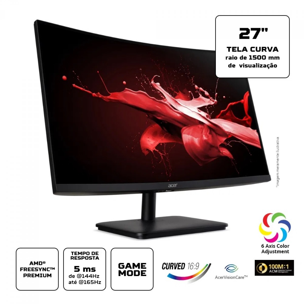 Monitor Gamer Acer Nitro EDO Series, 27 Pol, Full HD, Curvo, VA, 165Hz, 5ms, FreeSync, HDMI/DP,  ED270R