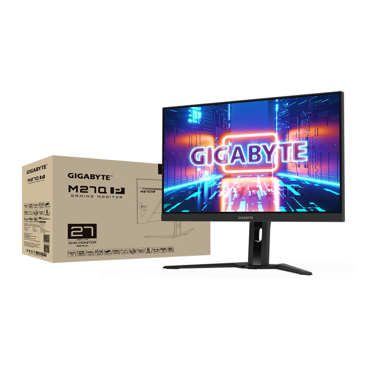Monitor Gamer Gigabyte, 27 Pol, QHD, 1ms, 165Hz, IPS, HDR, FreeSync Premium, Altura ajustável, HDMI/DP, M27Q-P