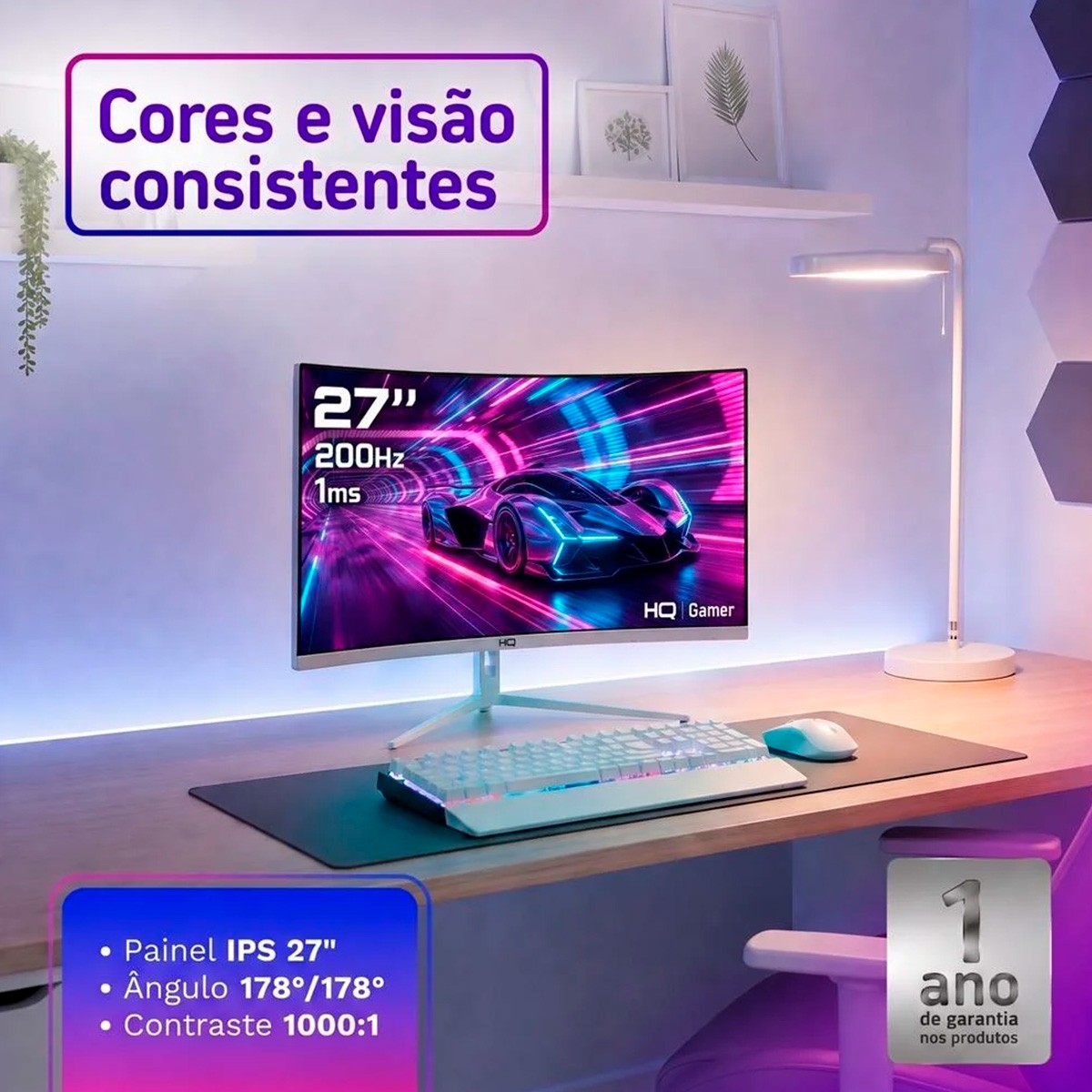 Monitor Gamer HQ, 27 Pol Curvo, Full HD, IPS, 200Hz, 1Ms, HDR, FreeSync, Frameless, HDMI/DP, Branco, HQW27C200