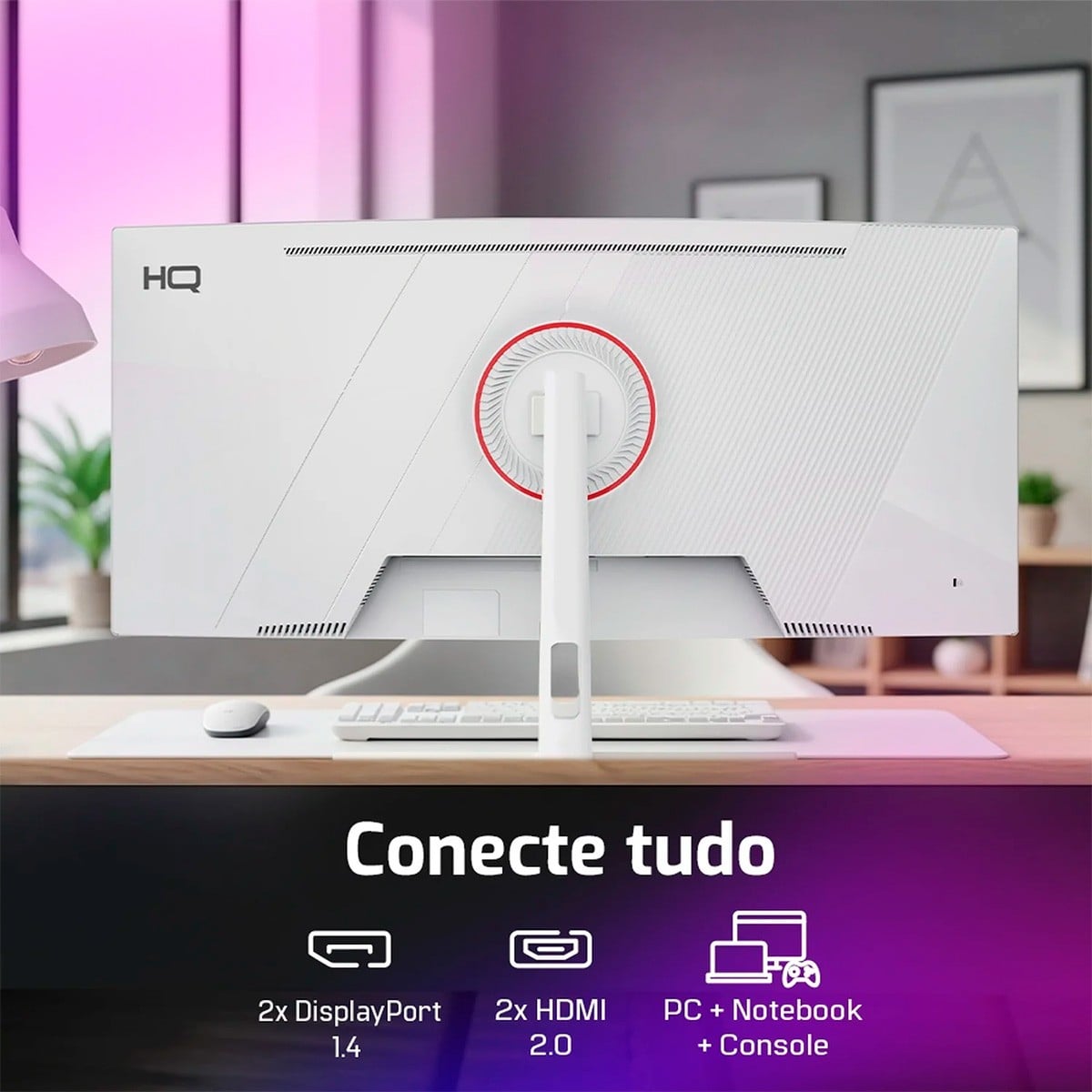 Monitor Gamer HQ, 34 Pol, Curvo, Ultrawide, QHD, 3440x1440, VA, 180Hz, 1Ms, HDR, FreeSync, HDMI/DP, Branco, HQW34C180