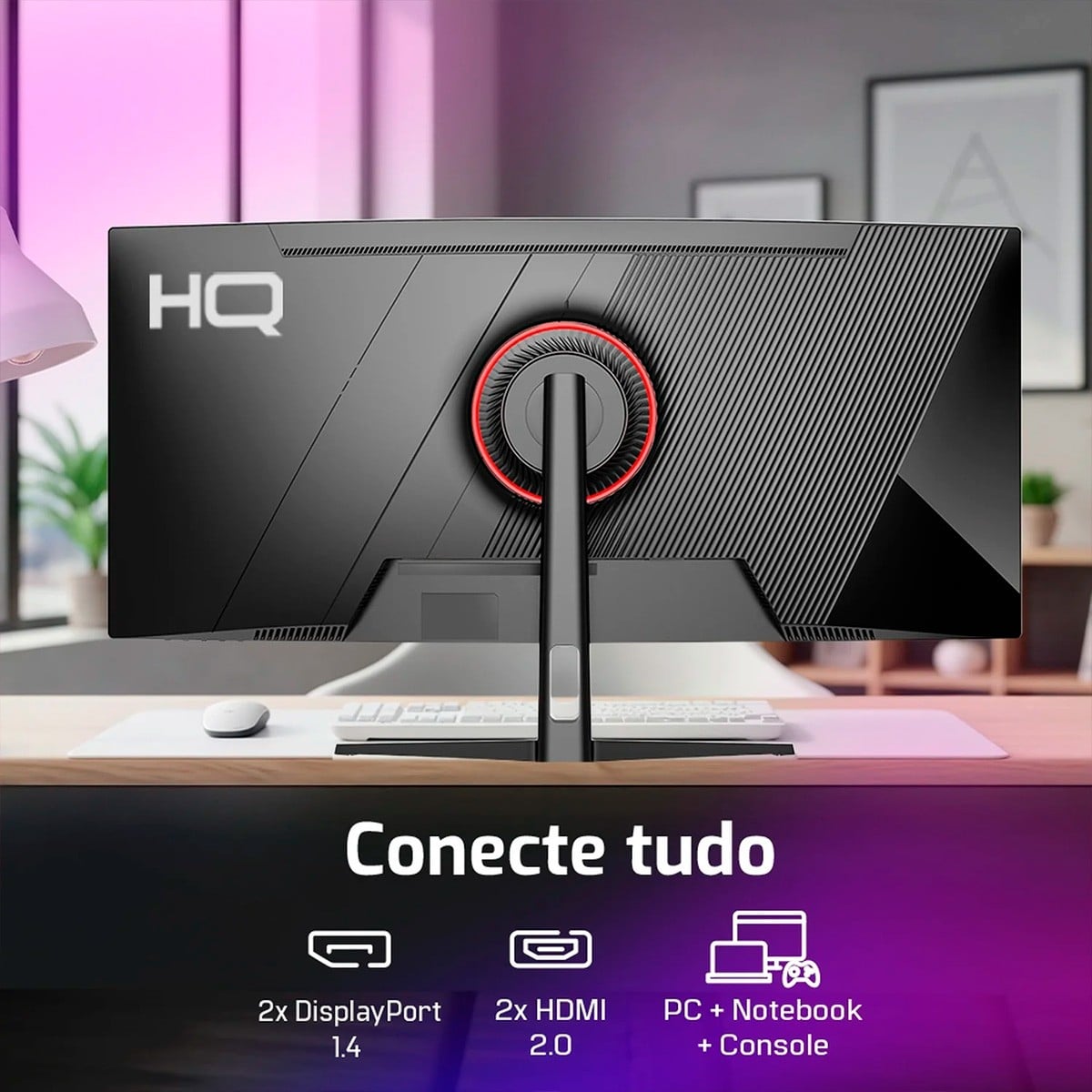 Monitor Gamer HQ, 34 Pol, Curvo, Ultrawide, QHD, 3440x1440, VA, 180Hz, 1Ms, HDR, FreeSync, HDMI/DP, Preto, HQ34C180
