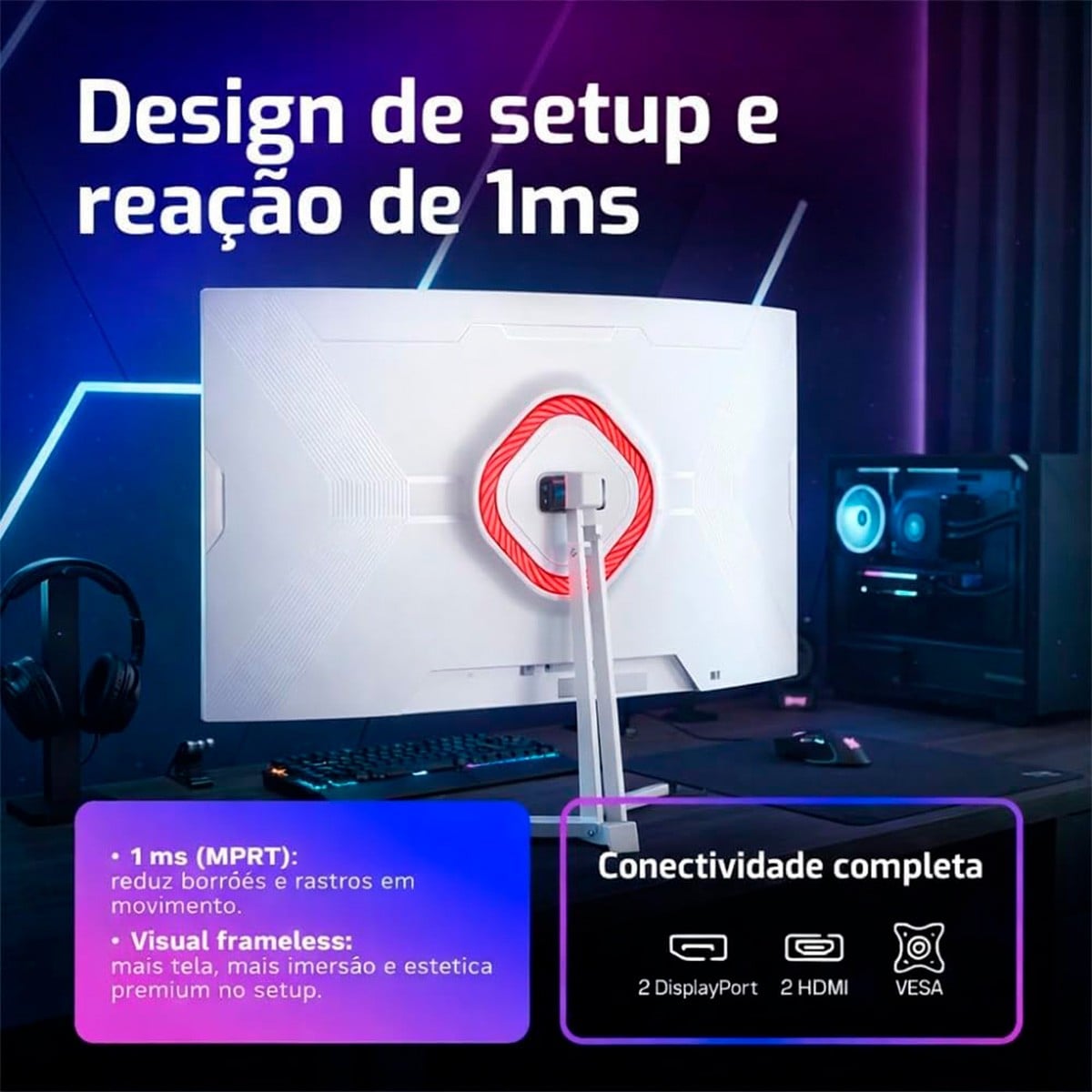 Monitor Gamer HQ Ultra, 32 Pol, Curvo, Quad HD, 2560x1440, IPS, 180Hz, 1Ms, HDR, FreeSync, HDMI/DP, Branco, HQW32C180