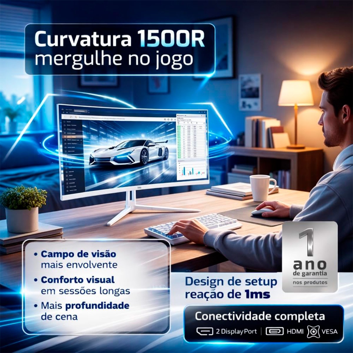 Monitor Gamer HQ Ultra, 32 Pol, Curvo, Quad HD, 2560x1440, IPS, 180Hz, 1Ms, HDR, FreeSync, HDMI/DP, Branco, HQW32C180