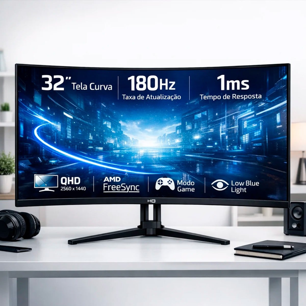 Monitor Gamer HQ Ultra, 32 Pol, Curvo, Quad HD, 2560x1440, IPS, 180Hz, 1Ms, HDR, FreeSync, HDMI/DP, Preto, HQ32C180