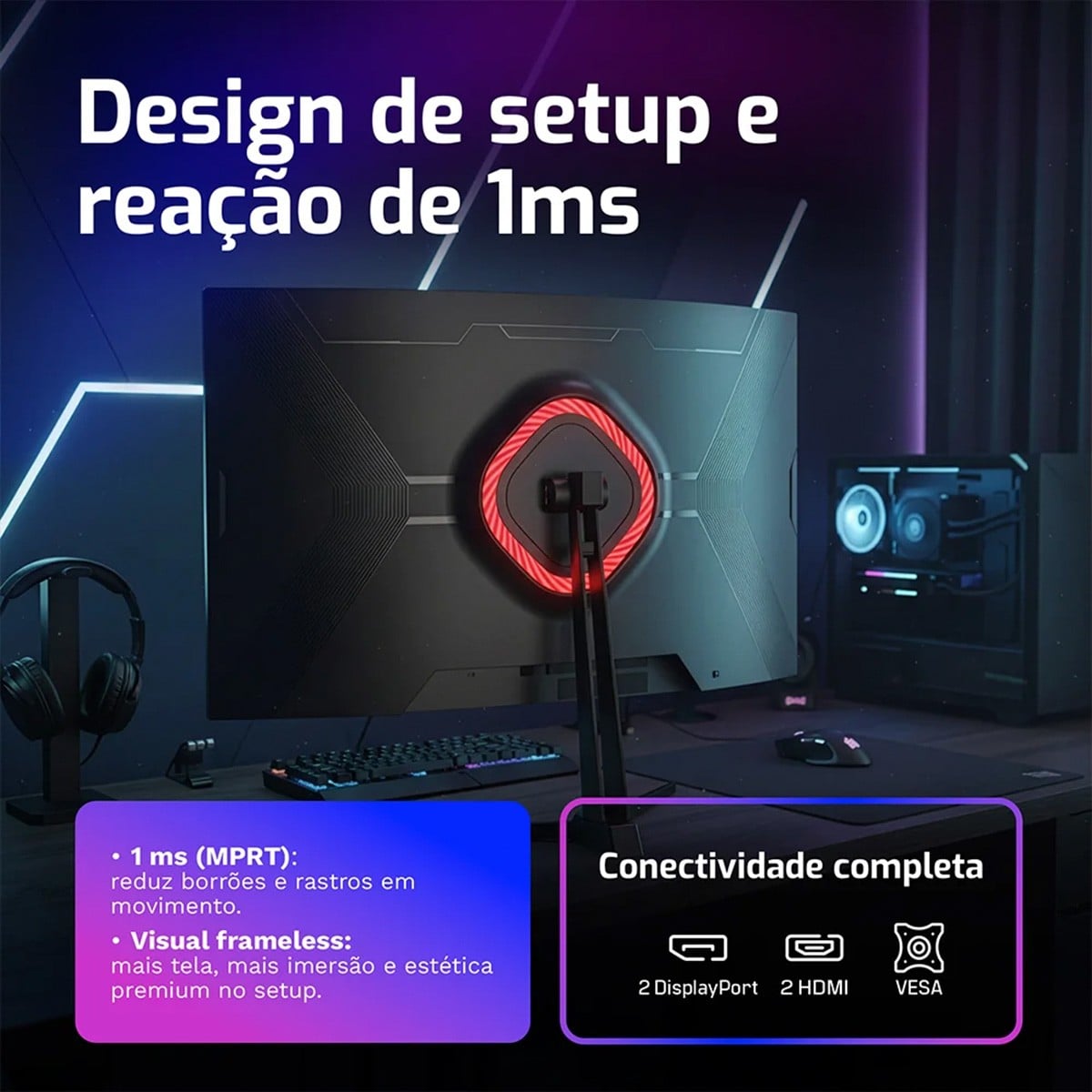 Monitor Gamer HQ Ultra, 32 Pol, Curvo, Quad HD, 2560x1440, IPS, 180Hz, 1Ms, HDR, FreeSync, HDMI/DP, Preto, HQ32C180