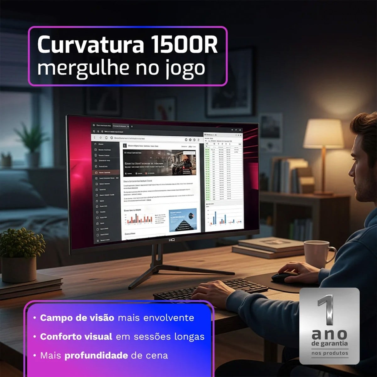 Monitor Gamer HQ Ultra, 32 Pol, Curvo, Quad HD, 2560x1440, IPS, 180Hz, 1Ms, HDR, FreeSync, HDMI/DP, Preto, HQ32C180