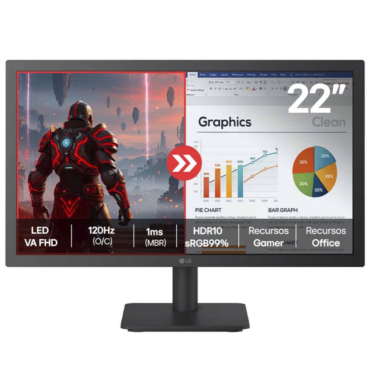 Monitor LG 22 Pol, Full HD, 120Hz, 1ms, 99% sRGB, HDR10, HDMI/VGA, Preto, 22U403A-B