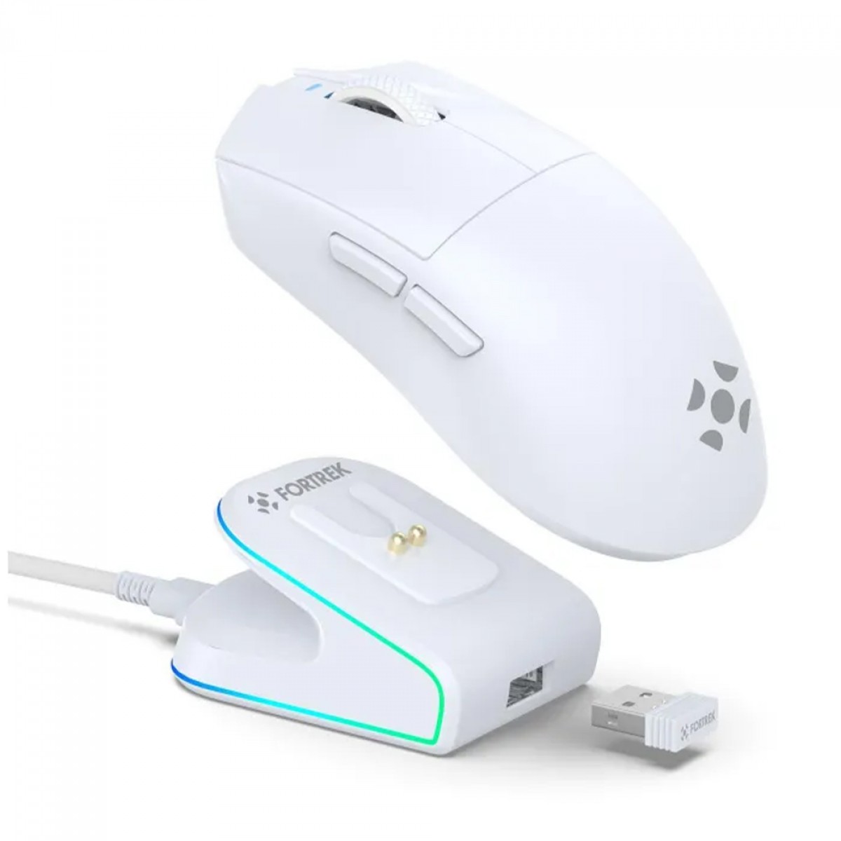 Mouse Gamer Fortrek Loyal, Wireless/Bluetooth, 24000 DPI, Com Dock de Carregamento Magnético, Branco