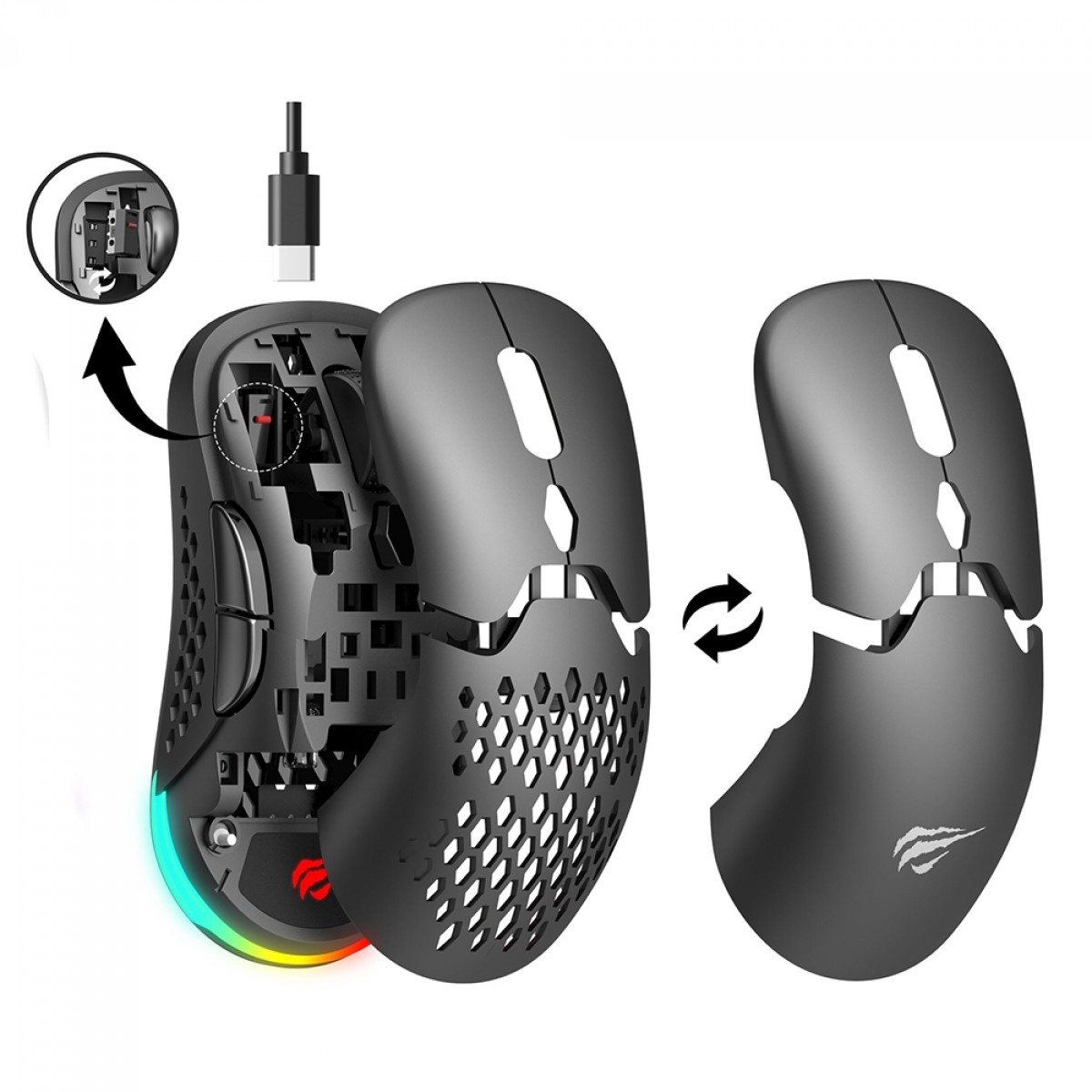 Mouse Gamer Havit MS963WB, Wireless/Bluetooth, 8000DPI, RGB, 6 Botões, PMW3325, Preto