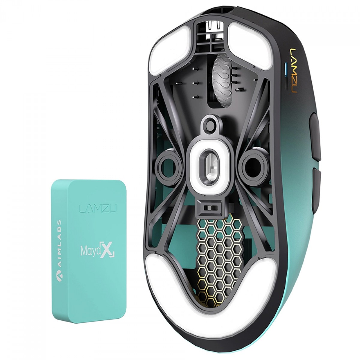 Mouse Gamer Lamzu Maya X Aimlabs, Wireless, 30.000 DPI, 8K, PixArt-3950, 7 Botões, Preto e Turquesa
