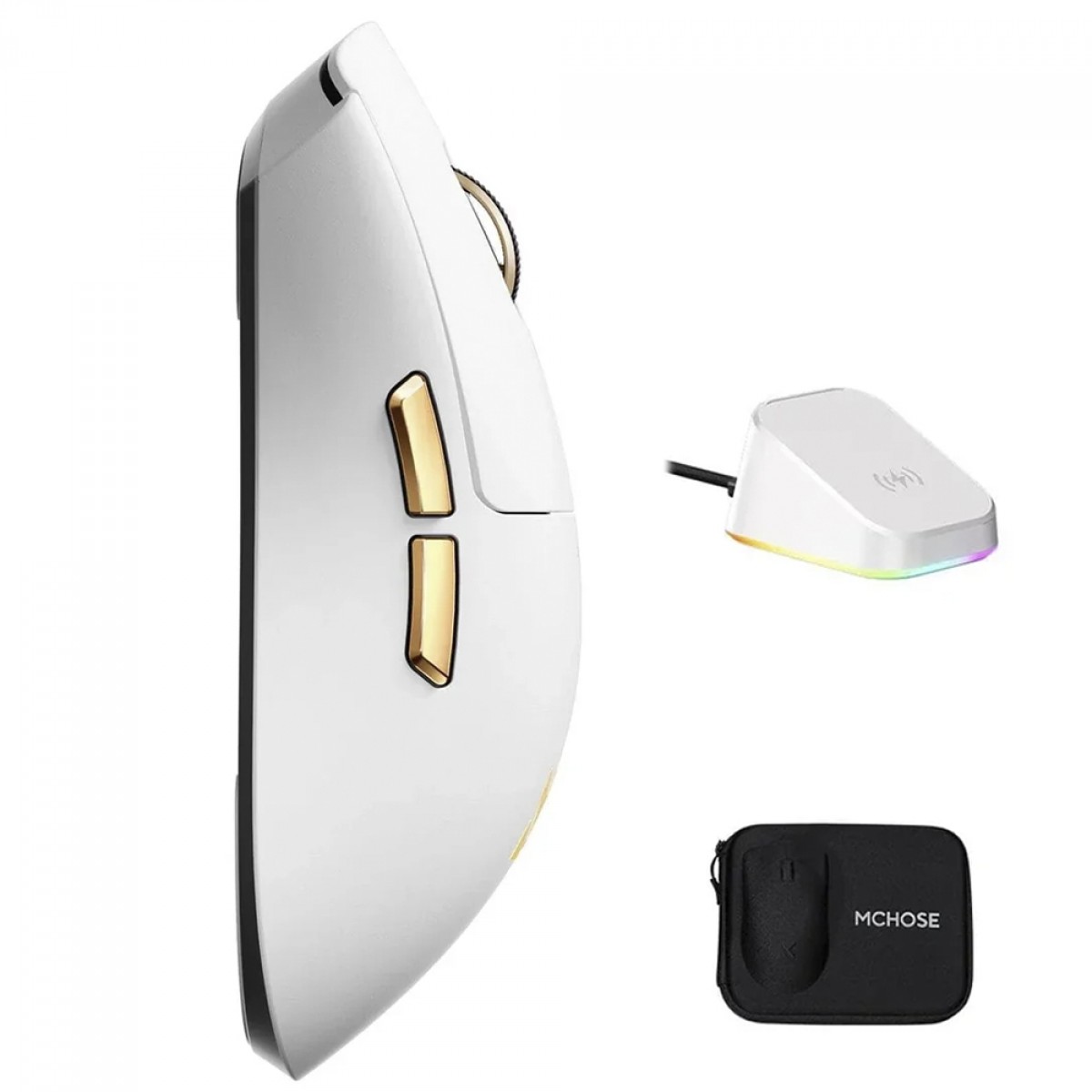 Mouse Gamer MCHOSE K7 Ultra, Wireless, Bluetooth, 42000 DPI, 8K, Sensor PAW 3950, Com Dock De Carregamento, Branco, MC-K7-7