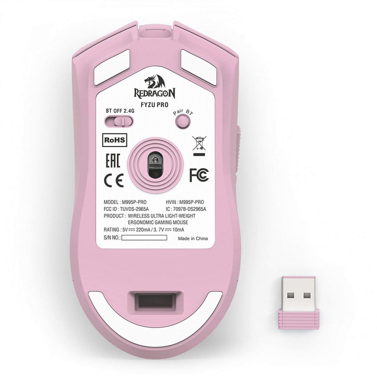 Mouse Gamer Redragon FYZU Pro, Wireless, Bluetooth, 26000 DPI, 6 Botões Programáveis, Rosa, M995P-PRO