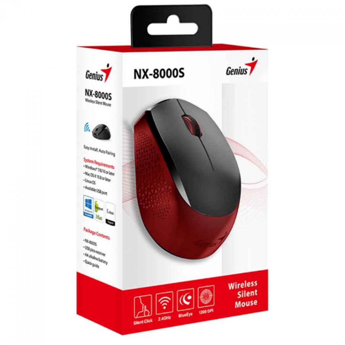 Mouse Genius NX-800S, Sem Fio, 1200 DPI, Óptico, Vermelho, 31030025404