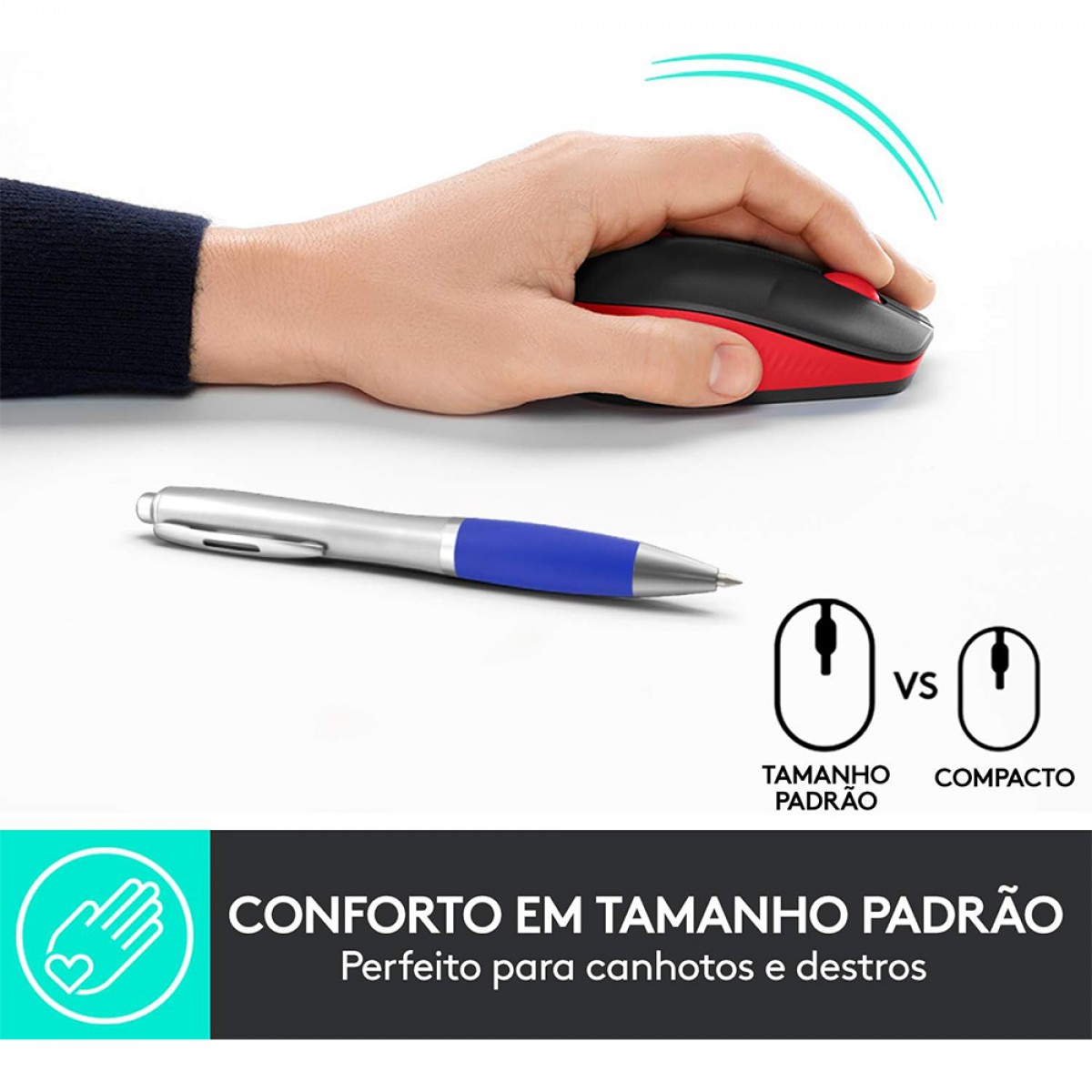 Mouse Logitech M190, Sem Fio, 1000 DPI, 3 Botões, Preto e Vemelho