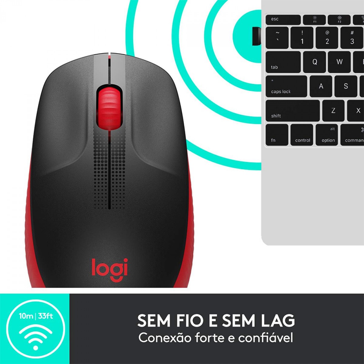 Mouse Logitech M190, Sem Fio, 1000 DPI, 3 Botões, Preto e Vemelho