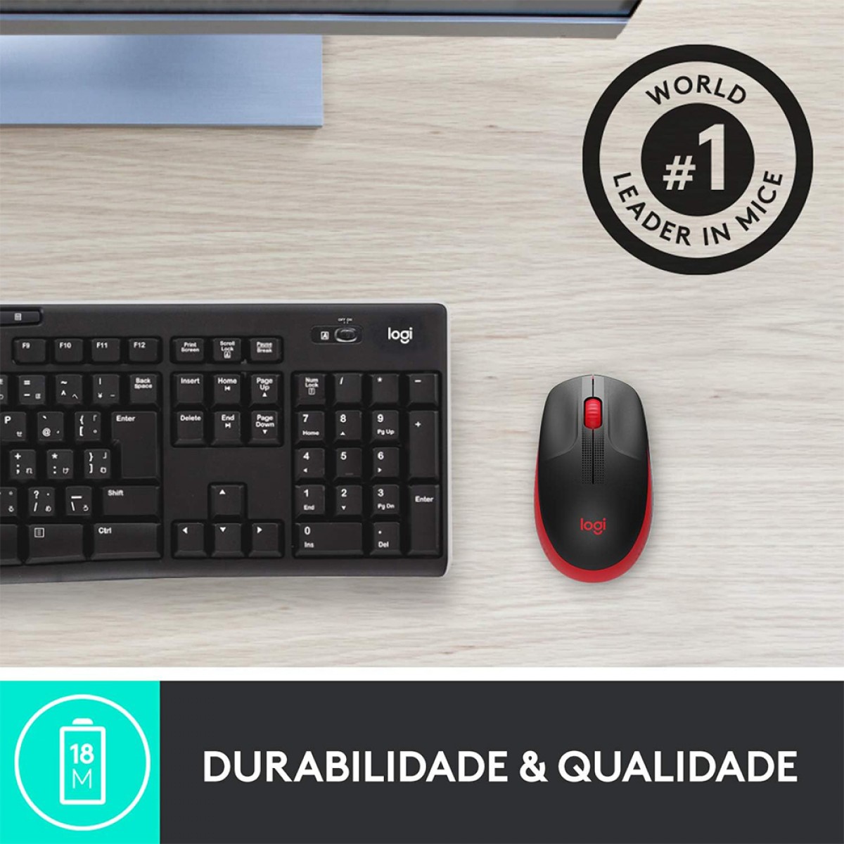 Mouse Logitech M190, Sem Fio, 1000 DPI, 3 Botões, Preto e Vemelho