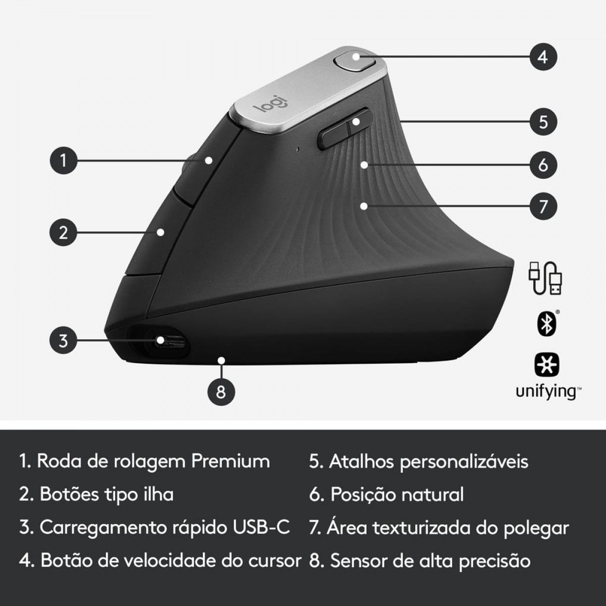 Mouse Logitech MX Vertical, Sem Fio/USB Unifying, Recarregável, 4000 DPI, 4 Botões, Grafite, 910-005449