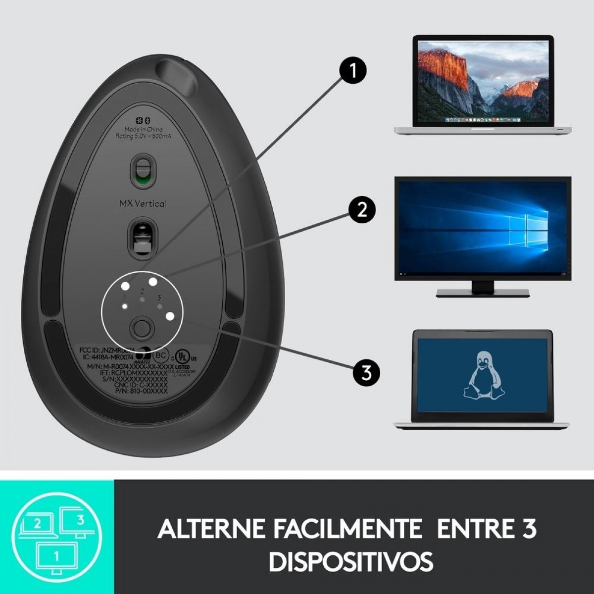 Mouse Logitech MX Vertical, Sem Fio/USB Unifying, Recarregável, 4000 DPI, 4 Botões, Grafite, 910-005449
