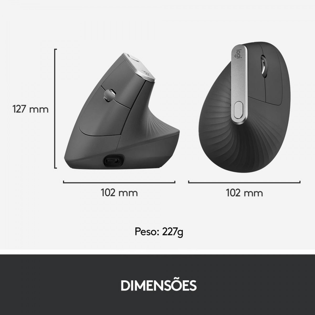 Mouse Logitech MX Vertical, Sem Fio/USB Unifying, Recarregável, 4000 DPI, 4 Botões, Grafite, 910-005449