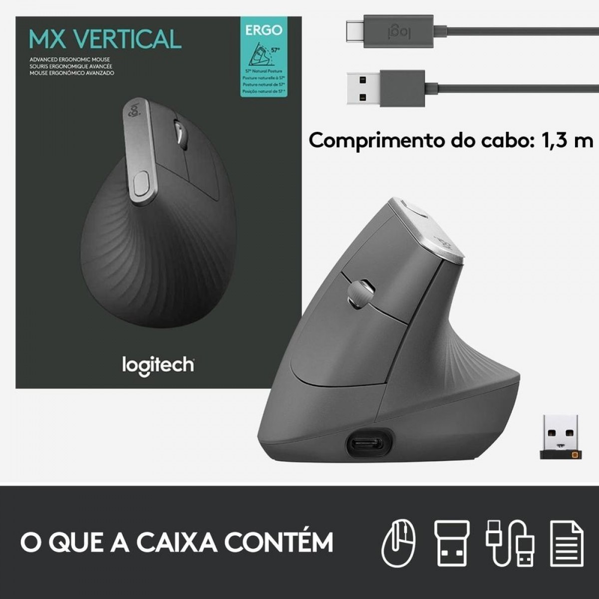 Mouse Logitech MX Vertical, Sem Fio/USB Unifying, Recarregável, 4000 DPI, 4 Botões, Grafite, 910-005449