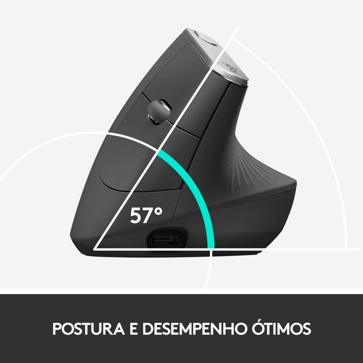 Mouse Logitech MX Vertical, Sem Fio/USB Unifying, Recarregável, 4000 DPI, 4 Botões, Grafite, 910-005449