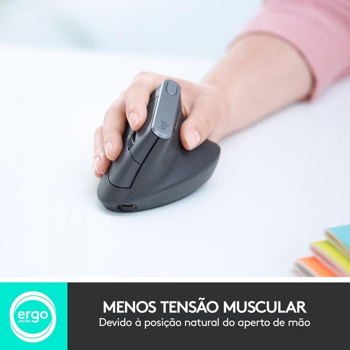 Mouse Logitech MX Vertical, Sem Fio/USB Unifying, Recarregável, 4000 DPI, 4 Botões, Grafite, 910-005449