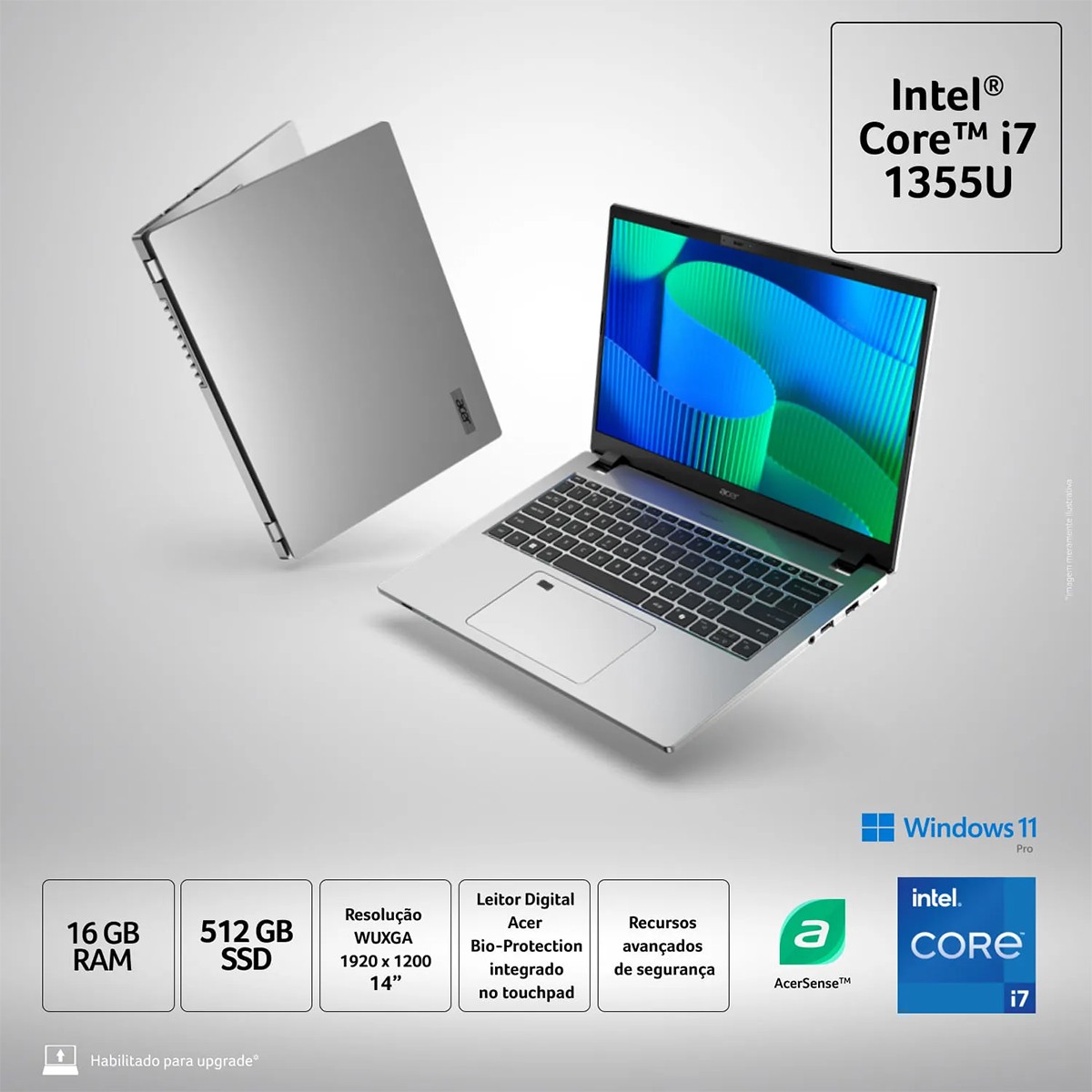 Notebook Acer TravelMate P2 14 Intel Core i7-1355U / 16GB DDR5 / SSD 512GB / 14 Pol WUXGA / Intel UHD / Windows 11 Pro / TMP214-56-72UM