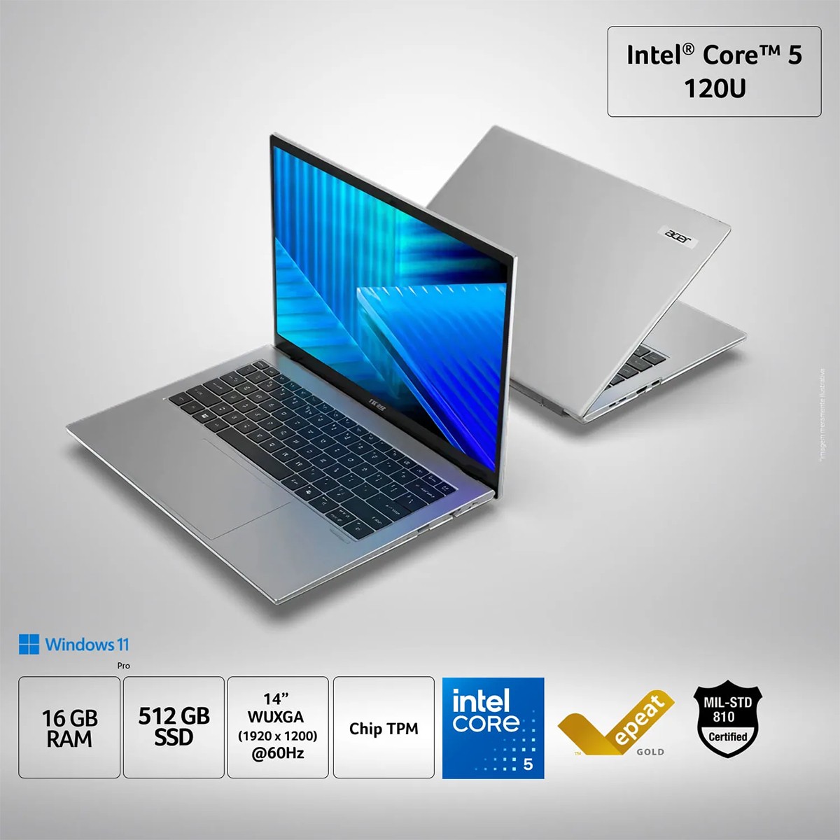 Notebook Acer TravelMate X2 14 Intel Core 5-120U / 16GB DDR5 / SSD 512GB / 14 Pol WUXGA / Intel UHD / Windows 11 Pro / NX.BU2AL.001