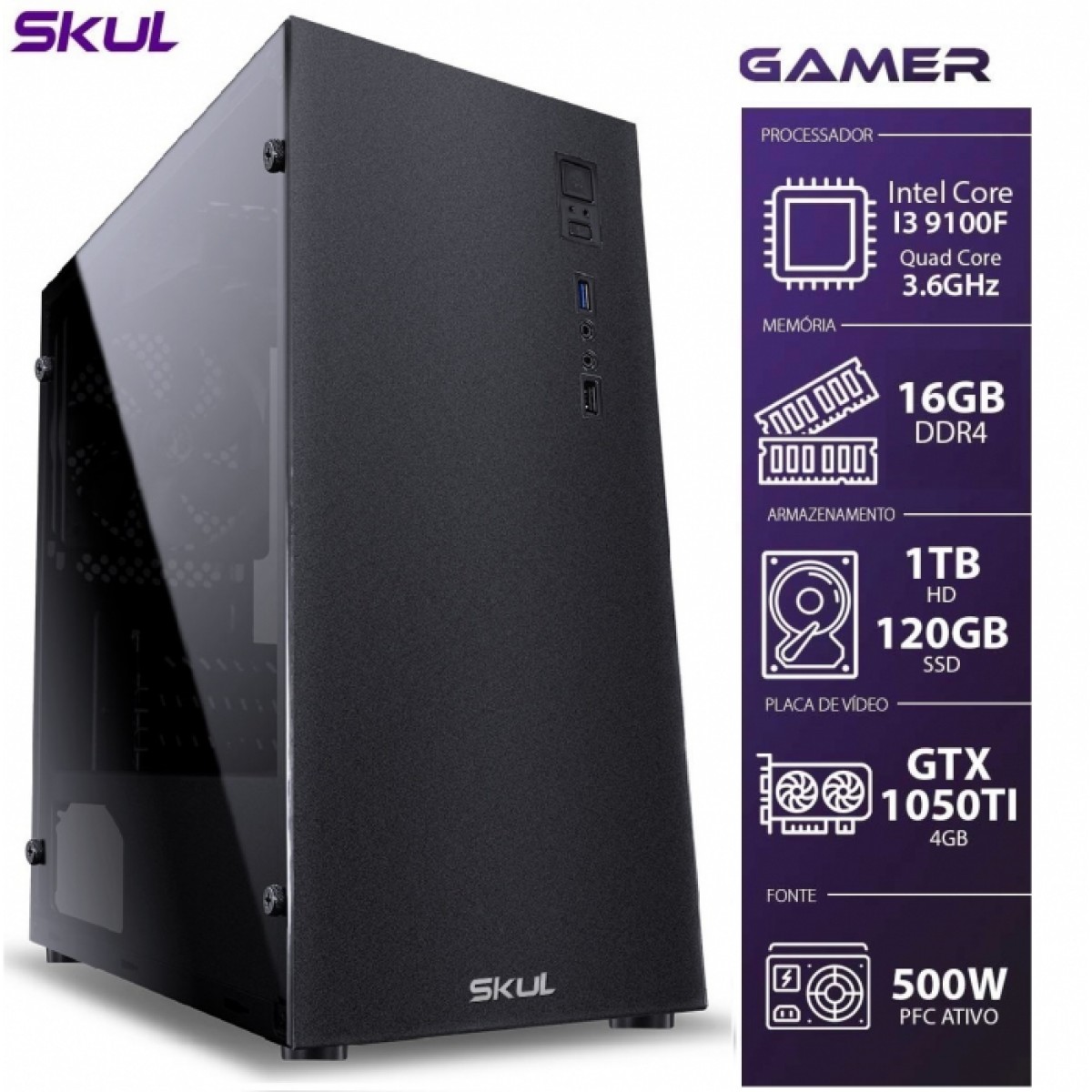 PC Gamer Skul T Home 3000 i3 9100F 16GB DDR4 SSD 120GB HD