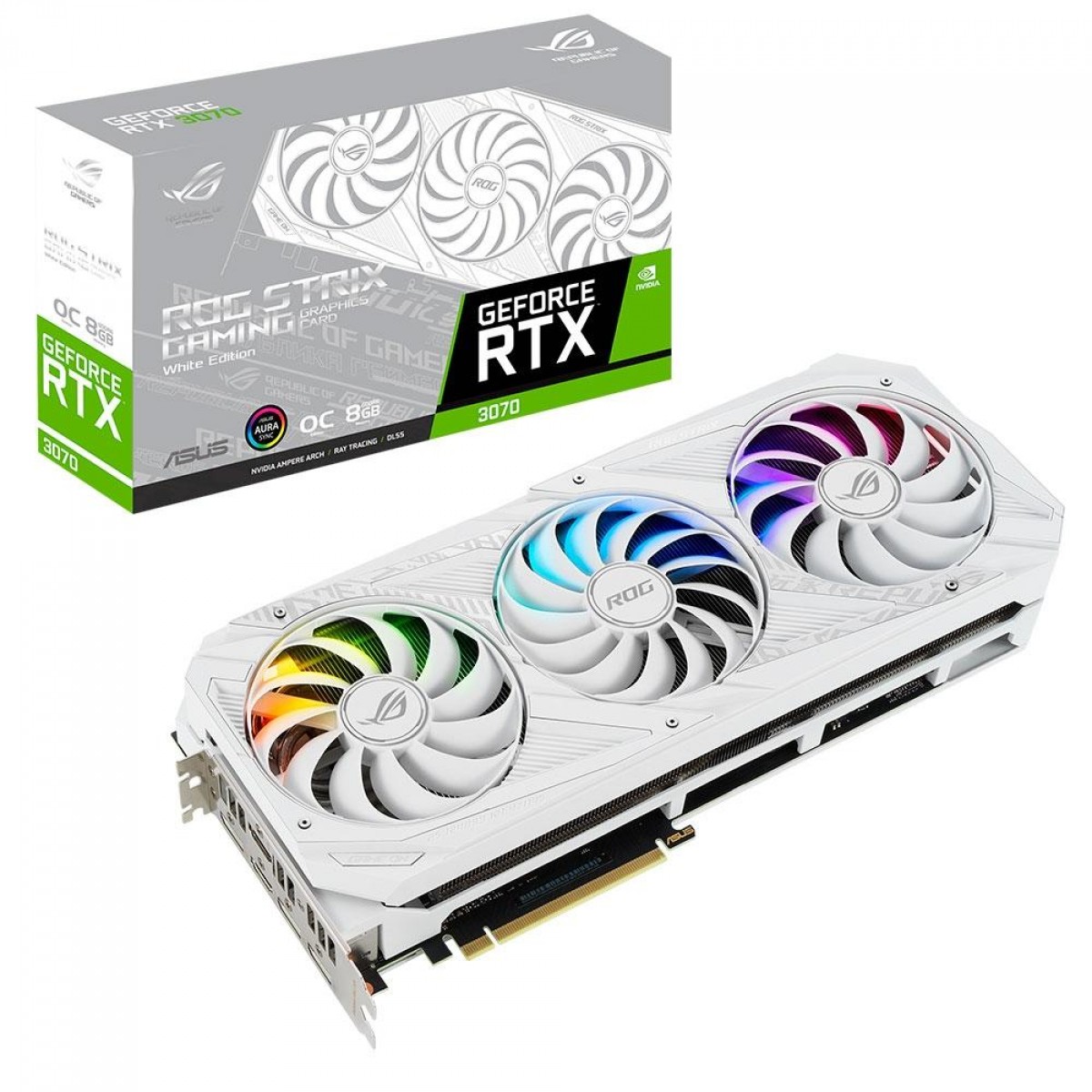 Placa de Vídeo Asus, ROG Strix, Geforce RTX 3070 OC, White Edition, LHR, 8GB, GDDR6, DLSS, Tracing, ROG-STRIX-RTX3070-O8G-WHITE-V2