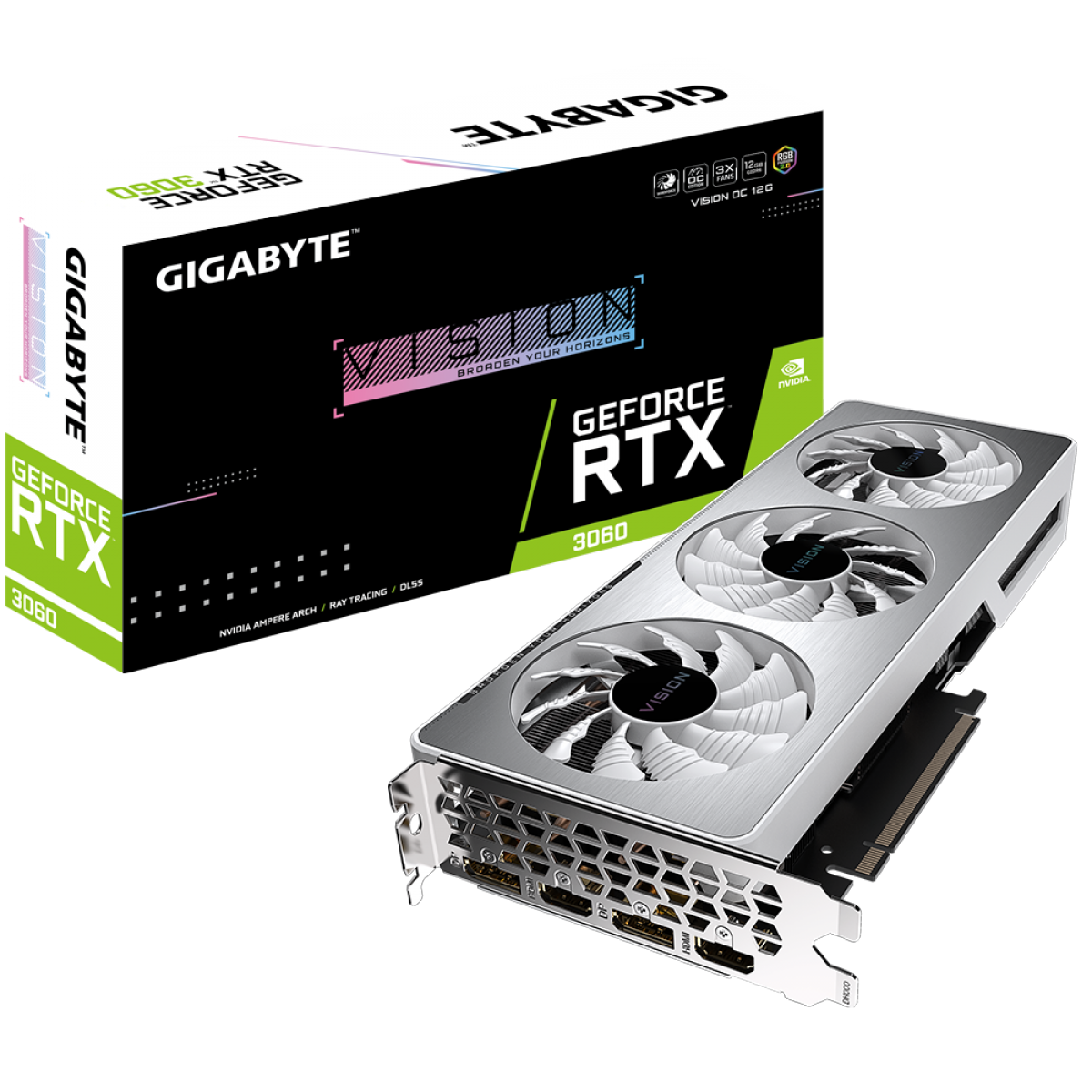Placa De Vídeo Gigabyte GeForce RTX 3060 VISION OC 12G, LHR, 12GB, GDDR6, DLSS, Ray Tracing, GV-N3060VIS